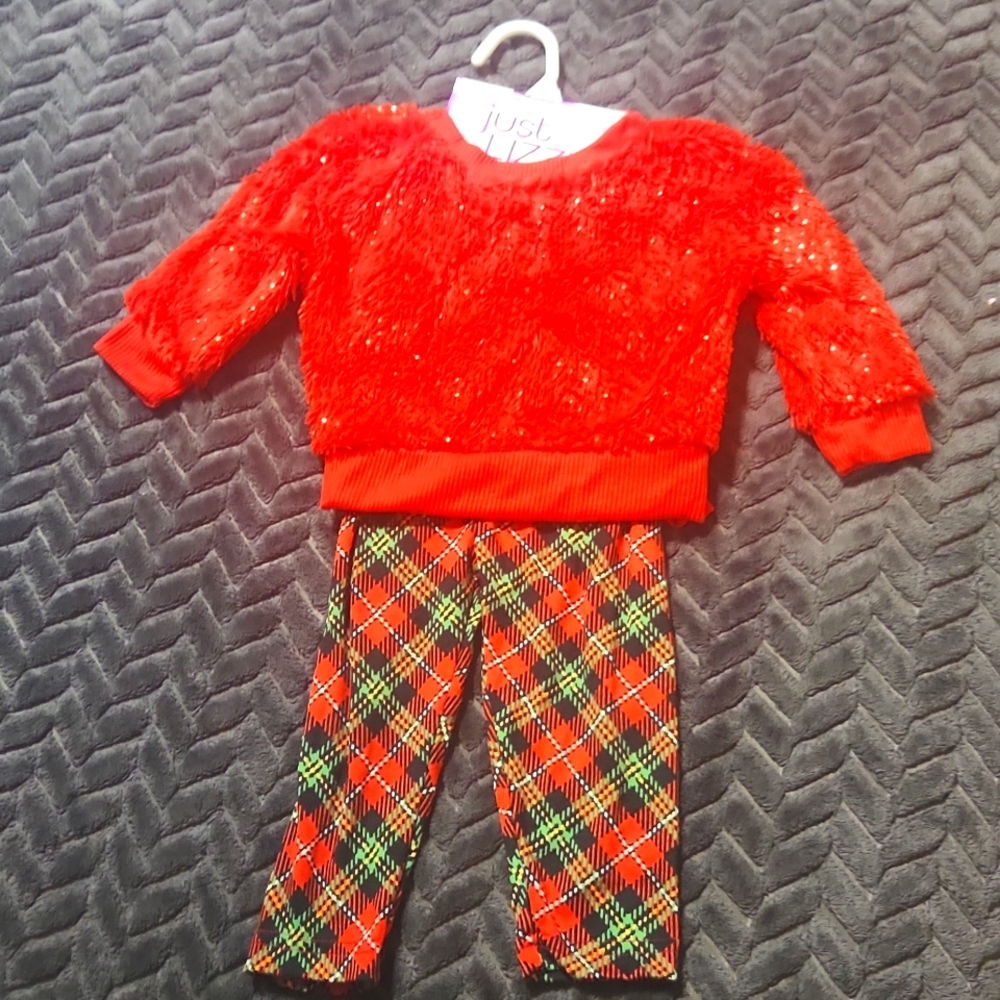 Just Lizzy 18 month 2 Piece Red  Sweater Fur & Fleece set 🎄